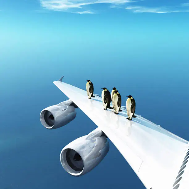 Group of penguins on airplane wing flying over the ocean. This is a 3d render illustration .