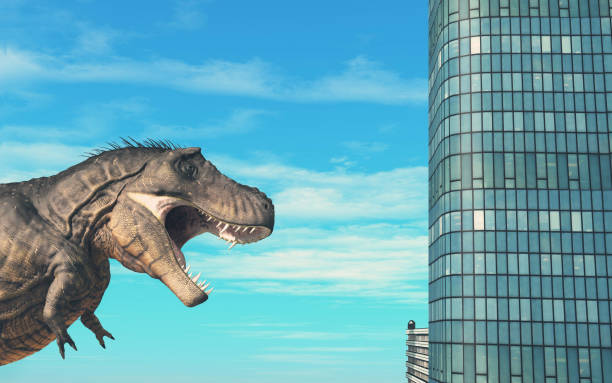 istock T rex in front of buildings . This is a 3d render illustration . 1264634522