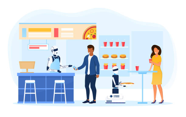 istock Young family with a child make an order at a fast food restaurant. A robot worker serves people in a restaurant. Futuristic concept of automated processes in catering establishments. Flat Illustration 1264638083