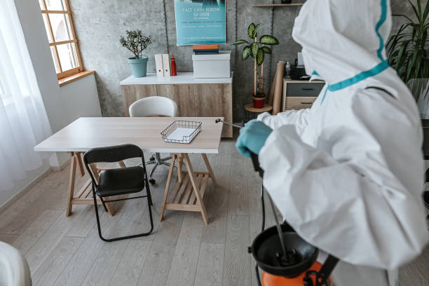 istock Man in protective suit disinfecting office workplace 1264640743