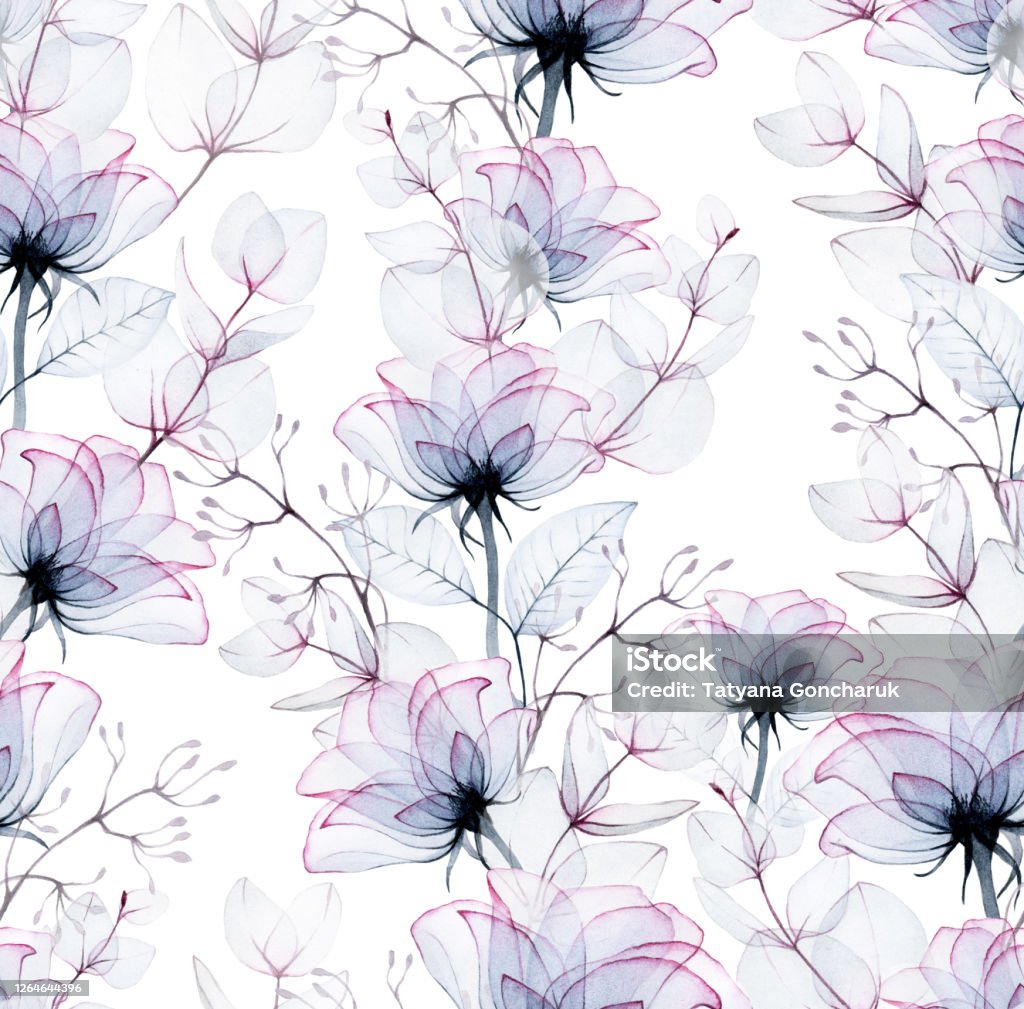 Seamless Watercolor Pattern With Transparent Rose Flowers And Eucalyptus  Leaves Xray Transparent Roses Of Blue And Pink Color Background For Fabric  Wallpaper Wrapping Paper Vintage Design Stock Illustration - Download Image  Now -