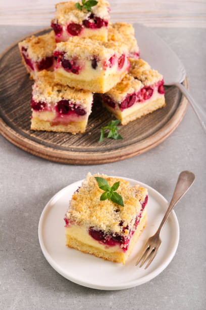 istock Cherry and coconut cheesecake, served 1264645623