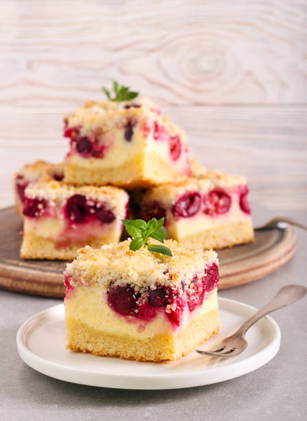istock Cherry and coconut cheesecake, served 1264646000