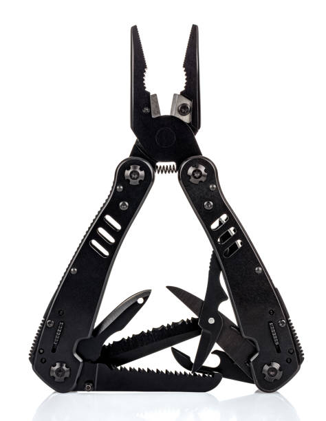 istock Front view of standing foldable pocket survival knife with open all working tools isolated on white background 1264647692