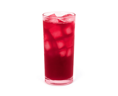 Fresh Roselle fruit (Jamaica sorrel, Rozelle or hibiscus sabdariffa ) and glass of roselle juice tea isolated on white background.