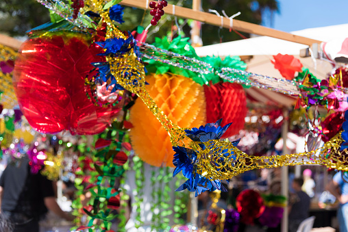 Colorful sukkah decorations. Sukkot four species festival. Shimmering decorations for party.