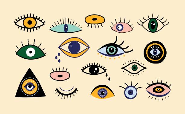 istock Evil eyes set. Hand drawn abstract talismans, doodle eye shapes cartoon greek style. Trendy vector illustration 1264653103