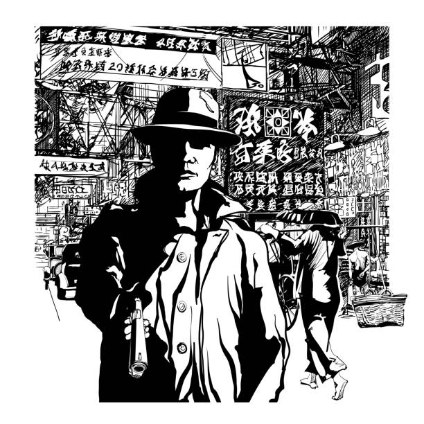 Gangster with a gun in chinatown Gangster with a gun in chinatown - vector illustration (Ideal for printing on fabric or paper, poster or wallpaper, house decoration) All chines caracters are fake drug cartel stock illustrations