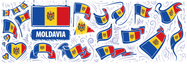 illustrazioni stock, clip art, cartoni animati e icone di tendenza di set vettoriale della bandiera nazionale della moldavia in vari disegni creativi - moldavia europa orientale