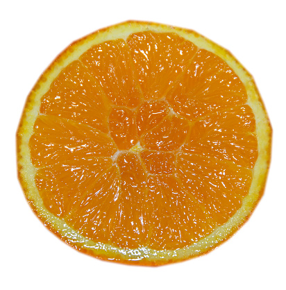 Half orange jucy fruit, close up, white background.