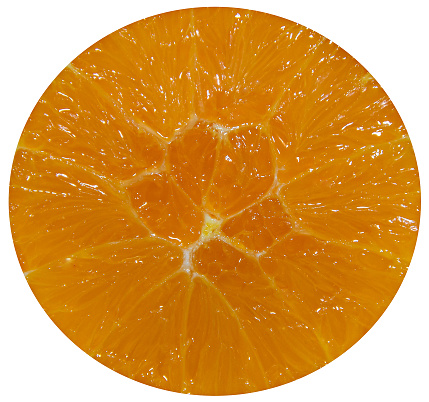 Half orange jucy fruit, close up, white background.
