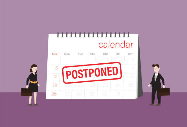 Business people look a postponed rubber stamp on a calendar Business event, Meeting, Problem, Working, Travel depression behavior businessman economic depression stock illustrations