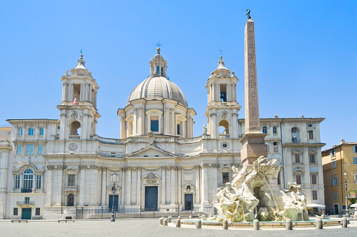 Piazza Navona - The church Sant'Agnese in Agone and Fontana dei Quattro Fiumi with obelisk.