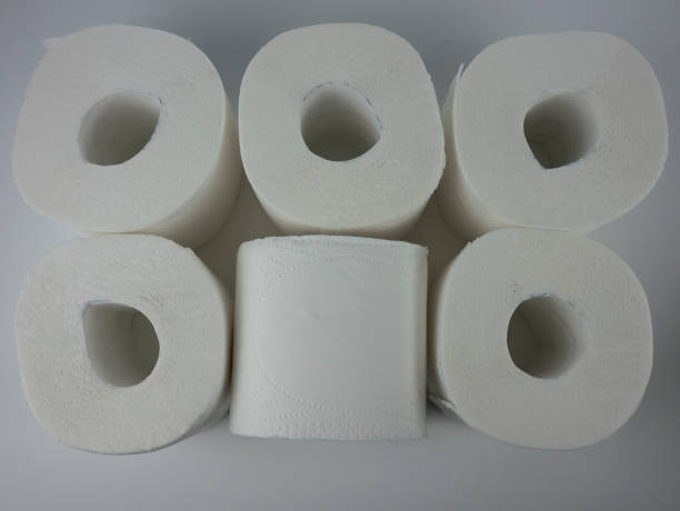 istock rolls of white toilet paper on a white table. 1264666111