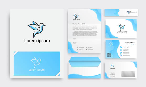 Corporate identity branding template. Abstract blue vector stationery design with Hummingbird logo Corporate identity branding template. Abstract blue vector stationery design with Hummingbird logo business cards and stationery stock illustrations