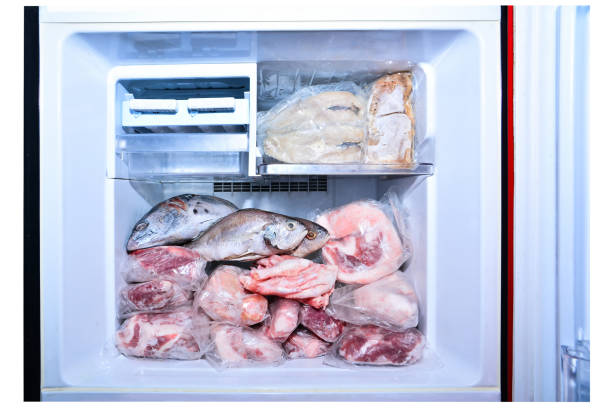 muchas de las carnes en el congelador del refrigetador aislado sobre fondo blanco. primer plano de carne de cerdo cruda, pescado, carne y pollo en compartimento de congelación - compartimento para almacenamiento fotografías e imágenes de stock