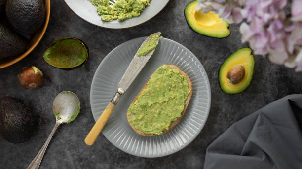 istock Avocado spread on bread slice. Healthy food, top view. 1264675364