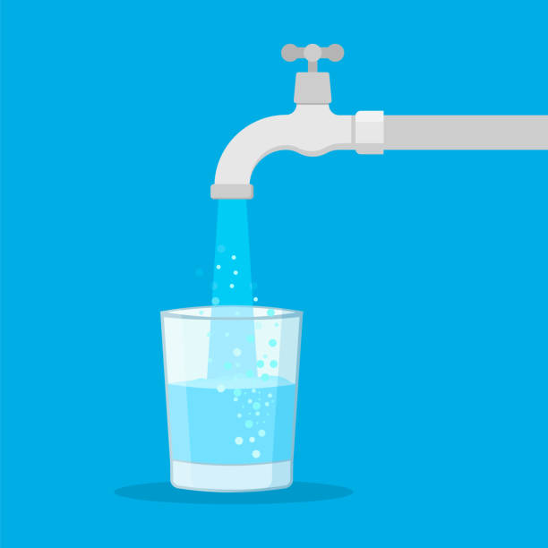 ilustraciones, imágenes clip art, dibujos animados e iconos de stock de grifo de agua con vidrio. llenar la bebida de la taza. ilustración vectorial. - tap