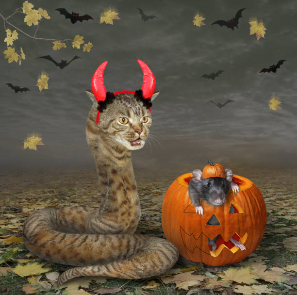Cat snake with red horns in wood 2
