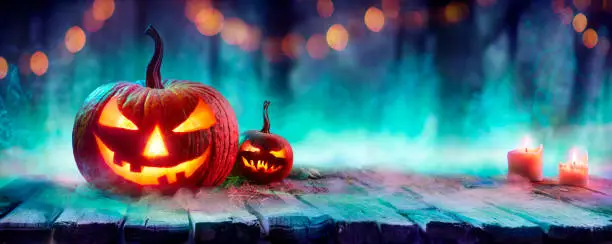 Pumpkins In Spooky Forest With Mist And Candles - Halloween Background With Colors Trend - aqua menthe, lush lava, Phantom Blue