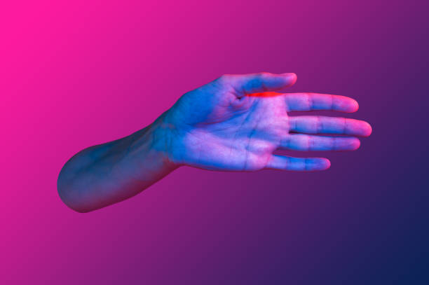 istock Hand in a pop art collage style in neon bold colors. Modern psychedelic creative element with human palm for posters, banners, wallpaper. Copy space for text. Magazine style template. Zine culture. 1264678259