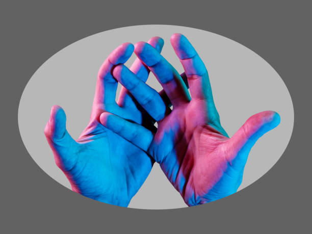 istock Two hand in a pop art collage style in neon bold colors. Modern psychedelic creative element with human palm for posters, banners, wallpaper. Copy space for text. Magazine style. Zine culture. 1264678267