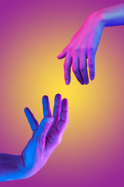 istock Two hand in a pop art collage style in neon bold colors. Modern psychedelic creative element with human palm for posters, banners, wallpaper. Copy space for text. Magazine style. Zine culture. 1264678286