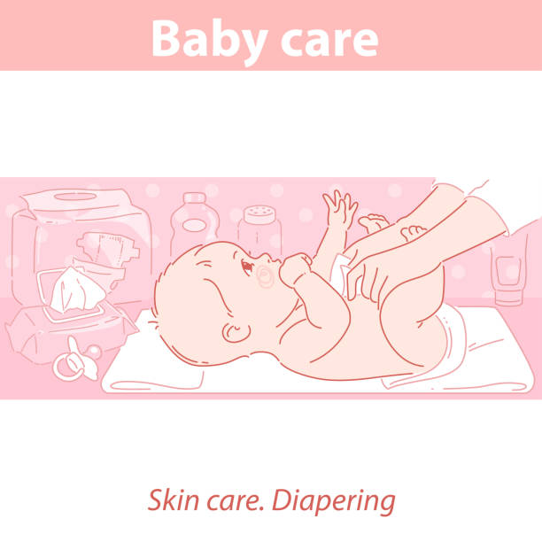 kleines baby lag auf dem rücken beim windelwechsel - baby blanket illustrations stock-grafiken, -clipart, -cartoons und -symbole