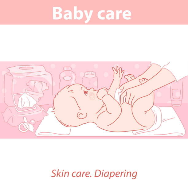 Little baby lay on back while changing diaper Baby care. Changing diaper. Skin care for newborn. Cute little baby boy or girl lay on blanket, mothers hands change diaper. Products for baby body care. Color vector illustration. pics of girls buttocks stock illustrations