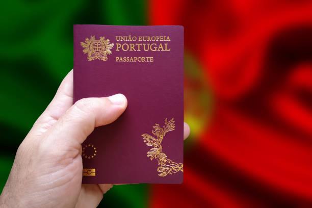 Man's hand holding Portuguese passport with defocused Portuguese flag in the background. Written in Portuguese: European Union Portugal. Passport. Man's hand holding Portuguese passport with defocused Portuguese flag in the background. Written in Portuguese: European Union Portugal. Passport traditionally portuguese stock pictures, royalty-free photos & images