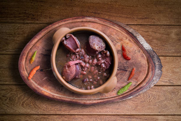 istock Feijoada. Traditional Brazilian food. Ceramic bowl isolated on rustic wooden background. Top view. 1264683783