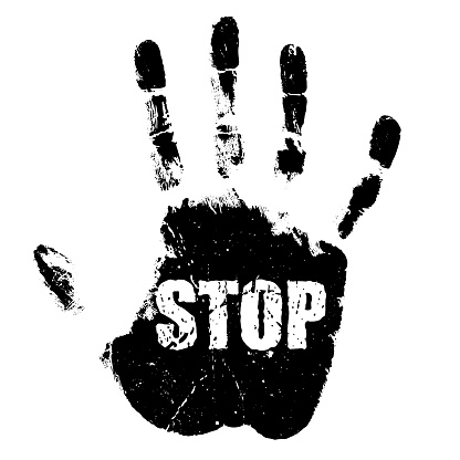 Grunge hand print, stop sign on white background