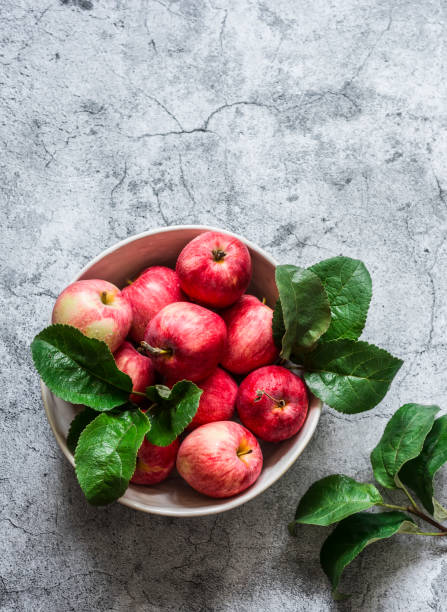 istock Fresh ripe apples in a bowl on a grey background, top view. Copy space 1264691567