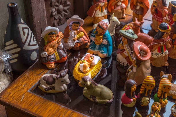 Peruvian nativity scene with the Holy Family and the little baby Jesus made with painted potter