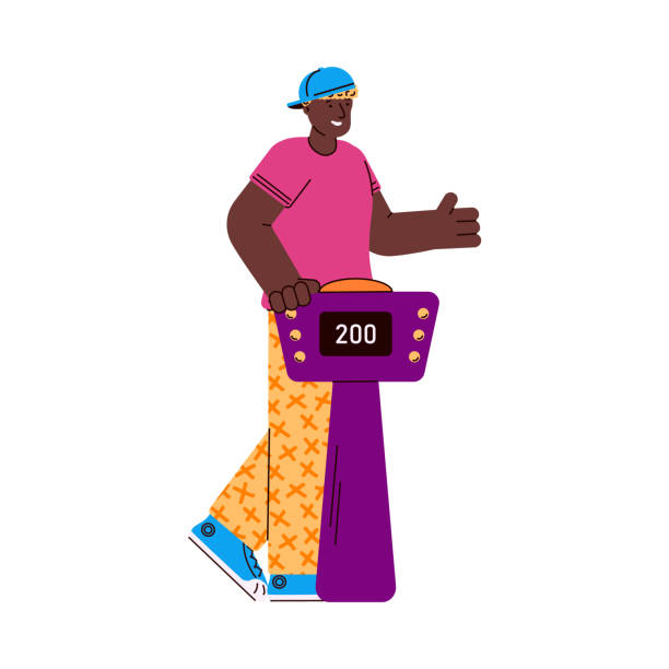 TV quiz show player at stand with buttons cartoon vector illustration isolated. TV quiz show player african american male character answering questions standing at stand with buttons, flat cartoon vector illustration isolated on white background. erudite stock illustrations