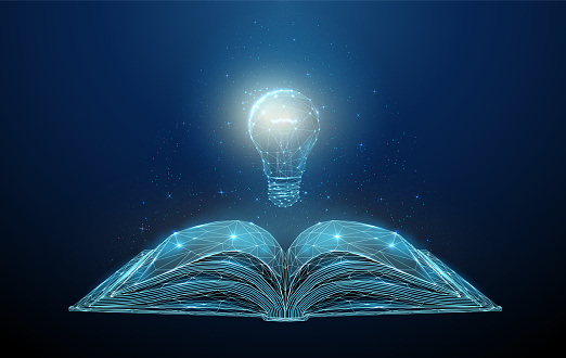 Abstract open book with light bulb. Low poly style design. Blue geometric background. Wireframe light connection structure. Modern 3d graphic concept. Isolated vector illustration.