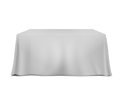 Table covered with blank tablecloth isolated on white background, vector template.