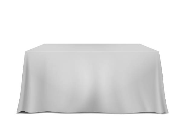 Table covered with blank tablecloth isolated on white background, vector template Table covered with blank tablecloth isolated on white background, vector template. restaurant table side view stock illustrations