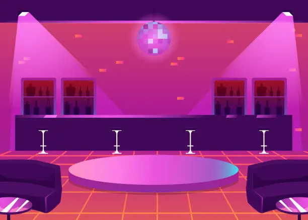 Vector illustration of Empty nightclub or bar with counter and dance floor, flat vector illustration.