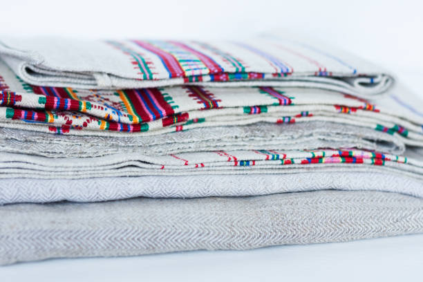 istock A stack of woven linen towels with embroidery, traditional handmade in Ukraine. 1264700607