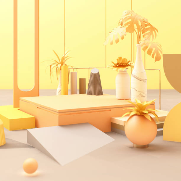 istock 3d rendered illustration with geometric shapes. Pastel colors platforms for product presentation. tropical plant leaf tree pot. Abstract composition in modern style. Minimalist design with empty space. 1264701436