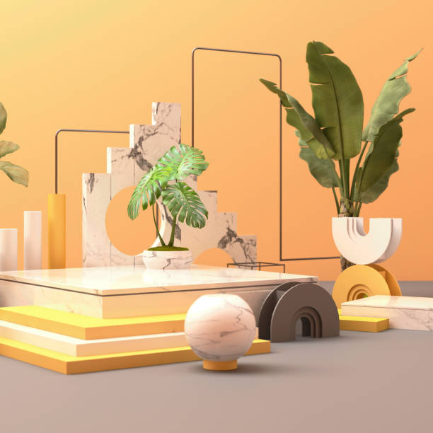 istock 3d rendered illustration with geometric shapes. Pastel colors platforms for product presentation. tropical plant leaf tree pot. Abstract composition in modern style. Minimalist design with empty space. 1264701455