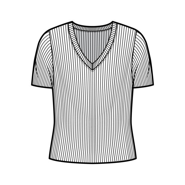 istock Ribbed V-neck knit sweater technical fashion illustration with short rib sleeves, oversized body 1264705890