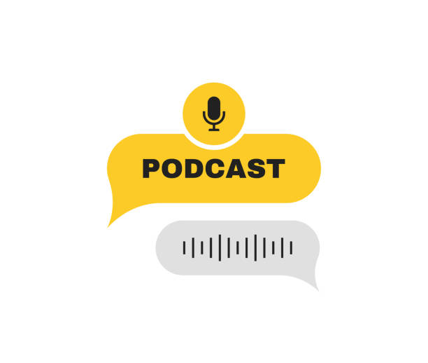Podcast label on message bubbles with microphone emblem and sound wave. Logo design. Vector illustration Podcast label on message bubbles with microphone emblem and sound wave. Logo design. Vector illustration. radio station logo stock illustrations