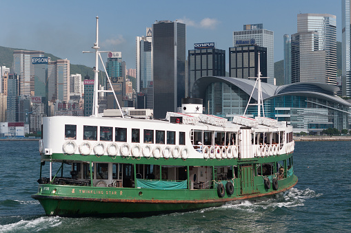 Hong Kong, China - December 22 2023: Hong Kong water taxi is waiting for passengers to board. This route is the first water transportation in Hong Kong to operate in the \
