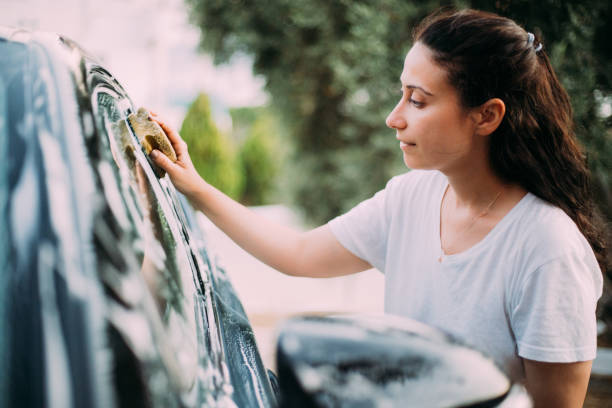Woman washing her car Woman washing her car jumping spider photos stock pictures, royalty-free photos & images