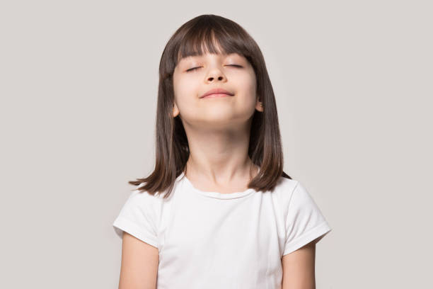 close up portrait with relax little brown-haired girl. - fashion model small one person happiness imagens e fotografias de stock