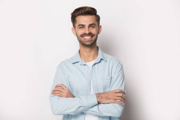 istock Close up portrait with positive smiling handsome bearded man. 1264711407