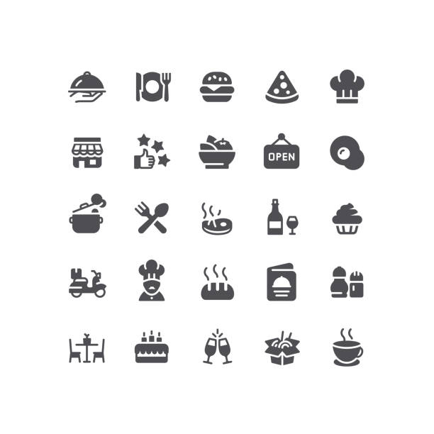 Flat Restaurant Icons Set of flat restaurant vector icons. chef symbols stock illustrations