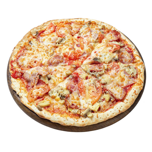 istock Delicious pizza served on wooden plate isolated on white. 1264711737